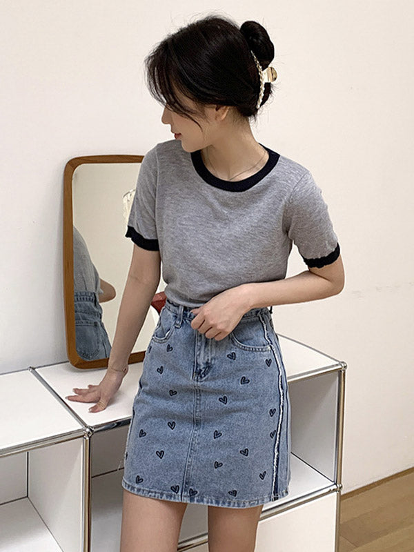 Casual Knitting Round-Neck Contrast Color T-Shirts Tops