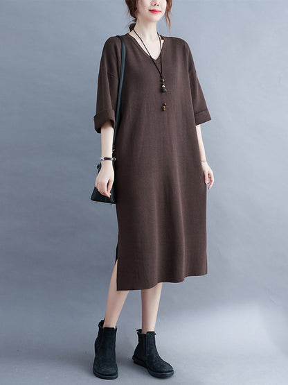 Urban Solid Color V-Neck Split-Side Knitting H-Line Sweater Dress