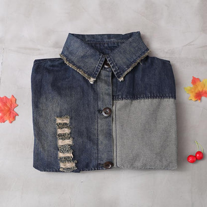 Buykud Letter Printed Hole Burr Casual Denim Dress