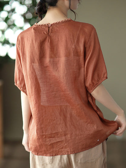 Artistic Retro Vintage Loose Ramie Cotton Embroidered T-Shirt Top