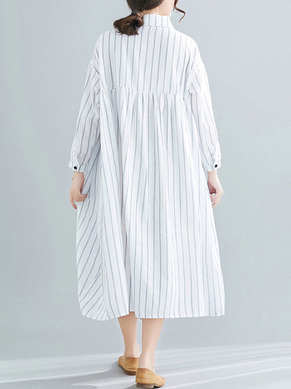 Simple Striped Buttoned Lapel Long Sleeves Shirt Dress