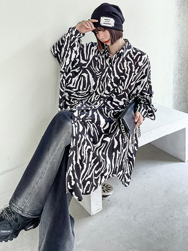 Stylish Printed Buttoned Batwing Sleeve Lapel Blouse Tops