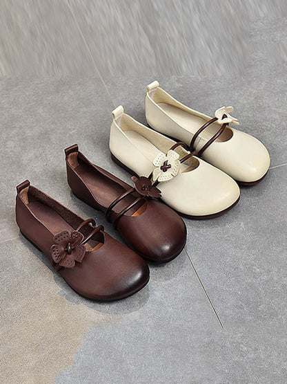 Leisure Fashionflat Flower-Embellished Flat Heel Leather Shoes