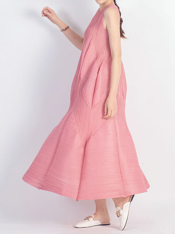 Casual Sleeveless Loose Pleated Solid Color Round-Neck Midi Dresses