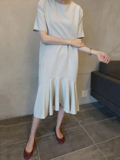 Original Solid Color Short Sleeve Falbala Midi Dress