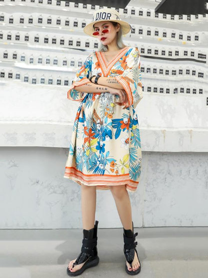 Casual Retro Printed Collect Waist Mini Dress
