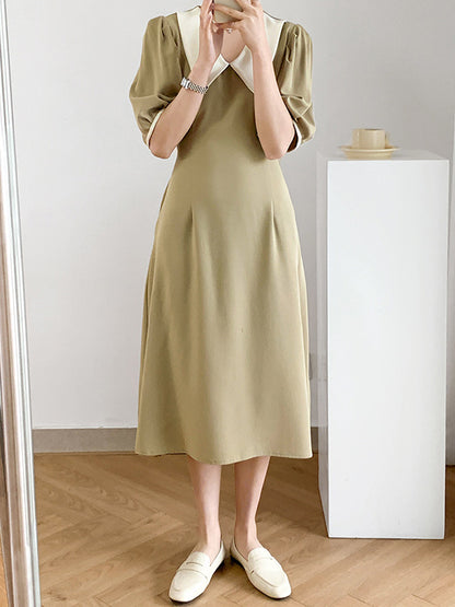Urban Solid Color Bandage A-Line Lapel Short Sleeves Midi Dress