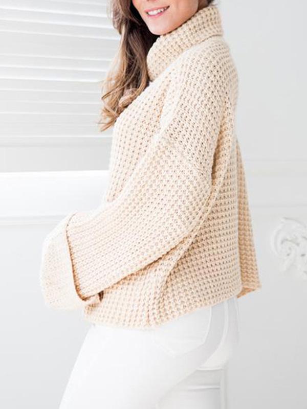 Solid Color Knitting High-neck Sweater Tops