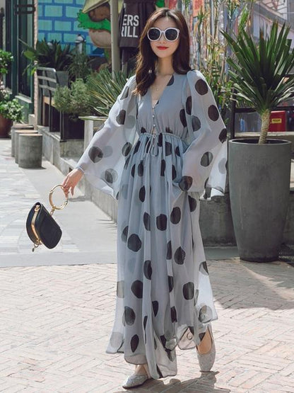 Light-blue Polka-Dot Chiffon Flared Sleeves Wide Leg Jumpsuits