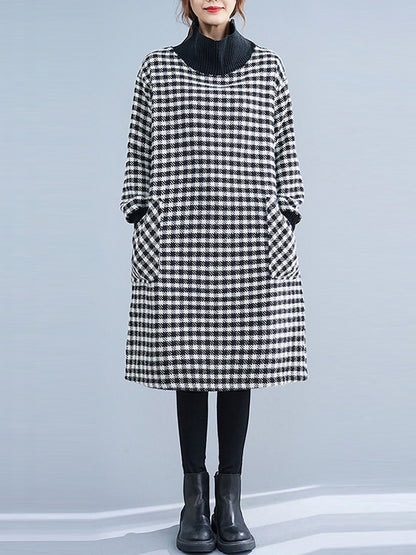 Casual Loose Plaid With Pocket High-Neck Long Sleeves Midi Dress