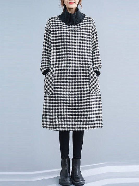 Casual Loose Plaid With Pocket High-Neck Long Sleeves Midi Dress