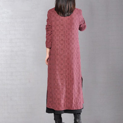 Casual Stand Collar Single Breasted Lattice Wine Red Coat