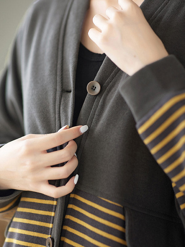 Casual Striped Buttoned V-Neck Batwing Sleeve Outerwear
