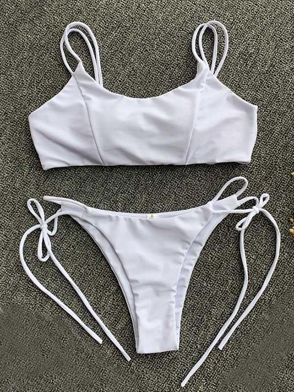 Solid Color Lace-Up Bikini Swimsuit