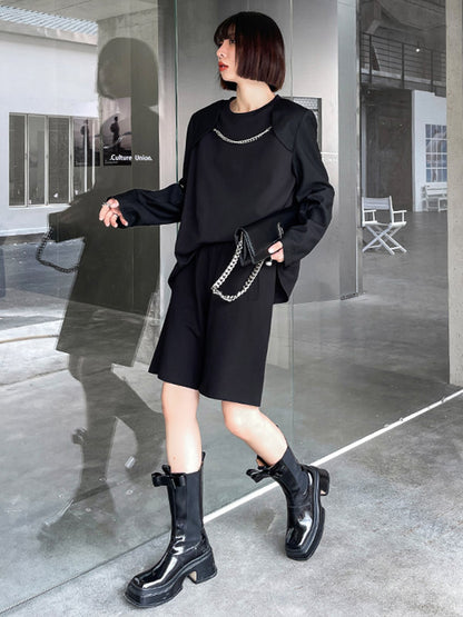 Cool Solid Color Split-Joint With Chain Round-Neck Long Sleeves T-Shirt
