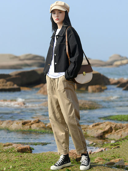Artistic Retro Loose Elasticity Solid Color Casual Pants Bottoms