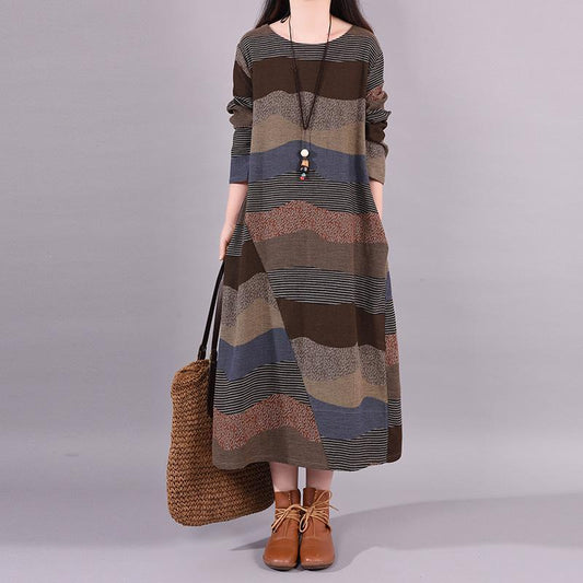 Buykud Wavy Colorful Stripes Retro Elegant Loose Dress