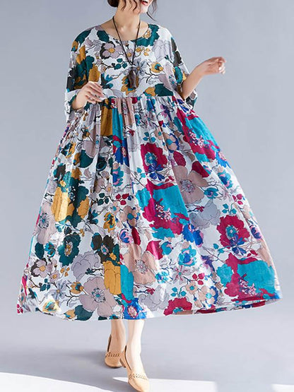 Plus Size Flower Print Round-neck Ramie Long Dress