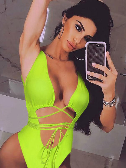 Solid Hollow Straps One-Piece Swimsuit
