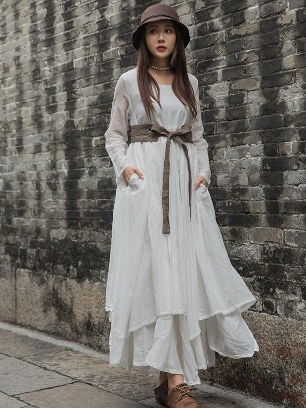 Cotton Solid Split-joint Ramie Cotton Big Hemline Long Dress
