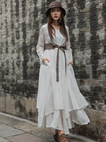 Cotton Solid Split-joint Ramie Cotton Big Hemline Long Dress