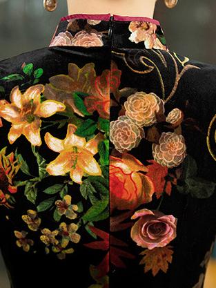 Velvet Flower Print Half Sleeves Long Cheongsam