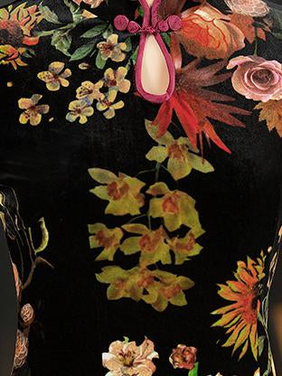 Velvet Flower Print Half Sleeves Long Cheongsam