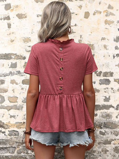 Simple Causal Solid Color Pleated Falbala T-Shirt Top