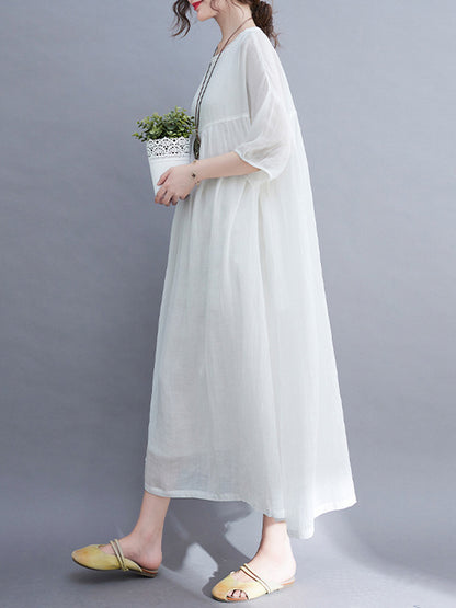 Simple Solid Color Puff Sleeve Midi Dress