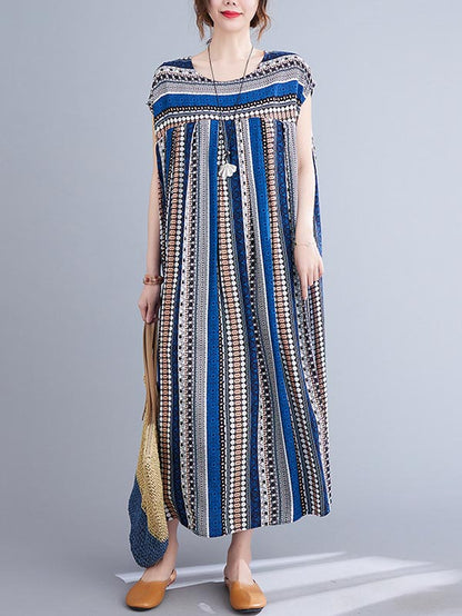 Casual Split-Joint Striped Round-Neck Short Sleeves Loose Midi Dress