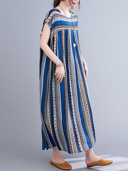 Casual Split-Joint Striped Round-Neck Short Sleeves Loose Midi Dress