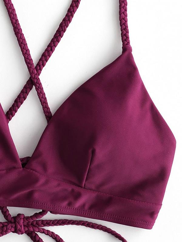 Solid Color Backless Bandage Split Bikini Swimsuit