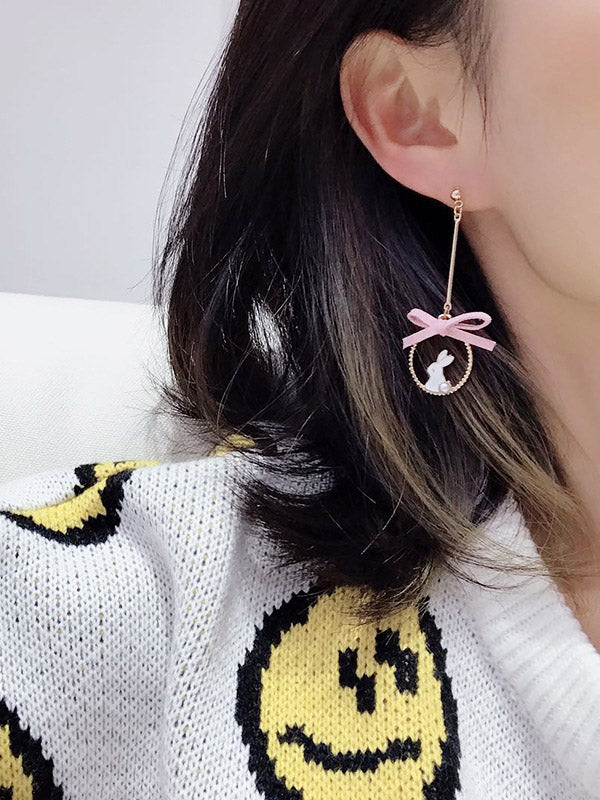 Cute Flower Rabbit Shape Bow-Embellished Asymmetric Earrings