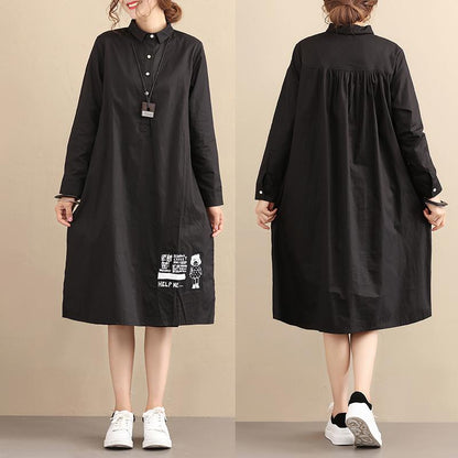 Casual Loose Cotton Long Sleeve Pleated Black Dress