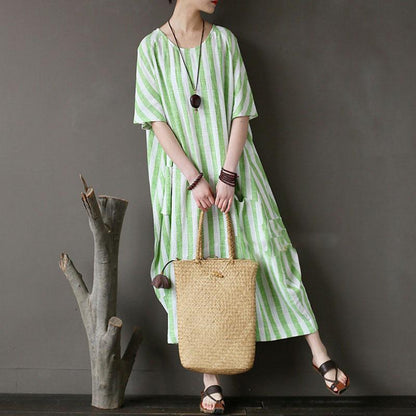 Retro Loose Round Neck Short Sleeve Green Stripe Dress