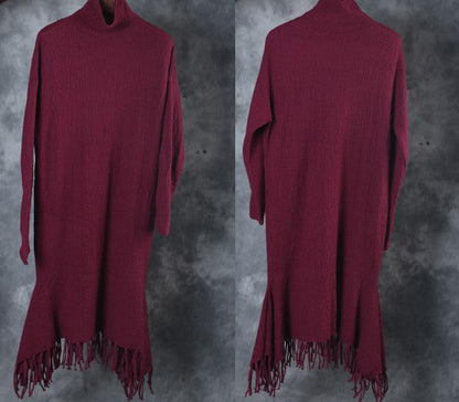 Autumn Winter Tassel Fitting Wine Red Dress For Women