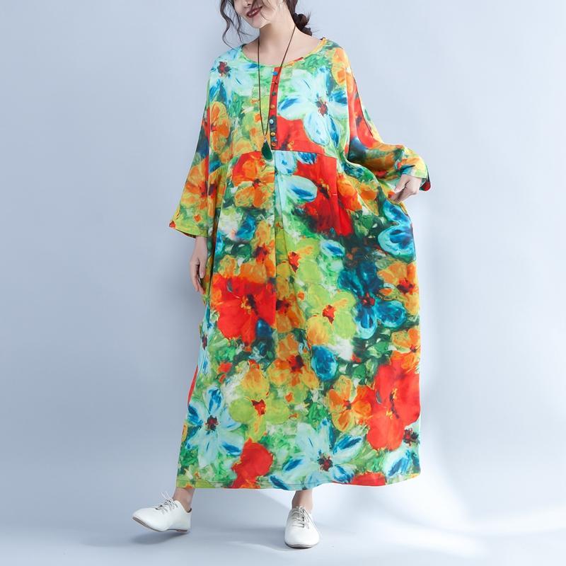 Colorful Printed Round Neck Long Sleeve Spring Dress