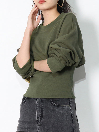 Simple Long Sleeves Green Split-Joint Sweatshirt Top