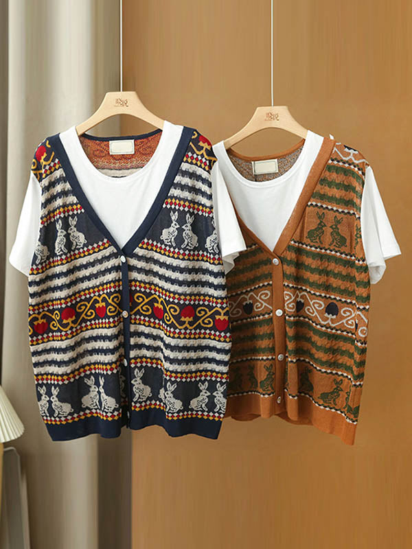 Stylish Split-Joint Printed Round-Neck False Two T-Shirt