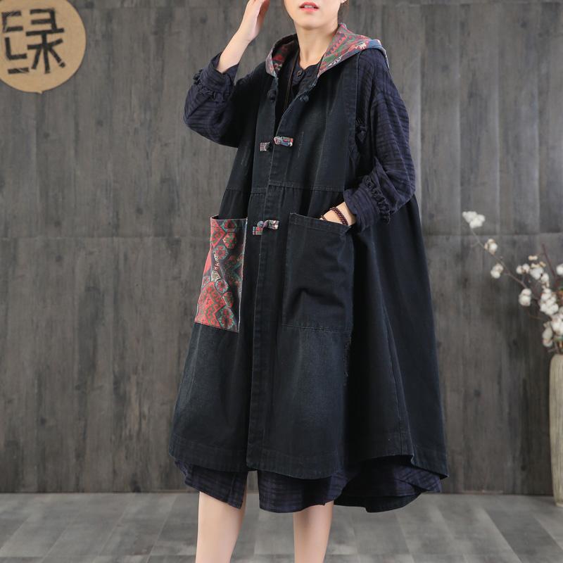 Buykud Patchwork Printed Casual Loose Hooded Coat