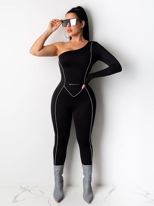 Sexy Solid Color One-Shoulder Long Sleeves Sports  Jumpsuits