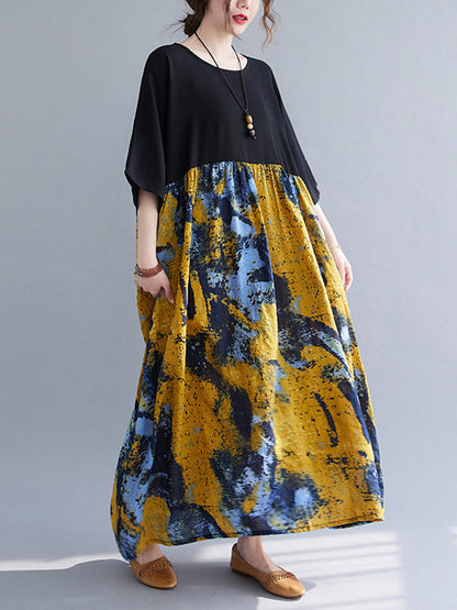 Artistic Retro Floral Printed Split-Joint Pleated Round-Neck Half Sleeves Midi Dress
