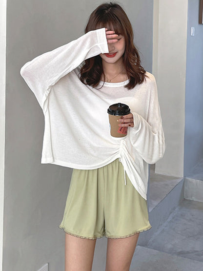 Simple Solid Color Split-Joint Lace Pajama Shorts