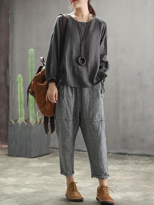 Vintage Split-joint Elasticity Ramie Cotton Harem Pants