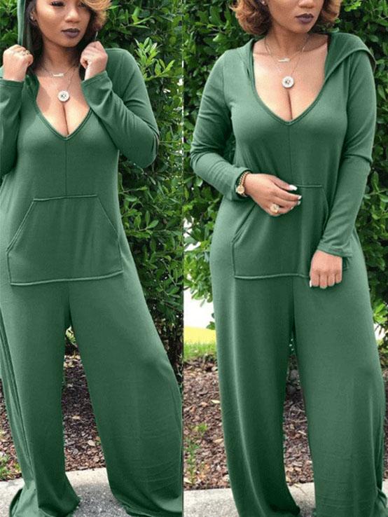 Loose Solid Pocket Hoodie Wide Leg Jumpsuits