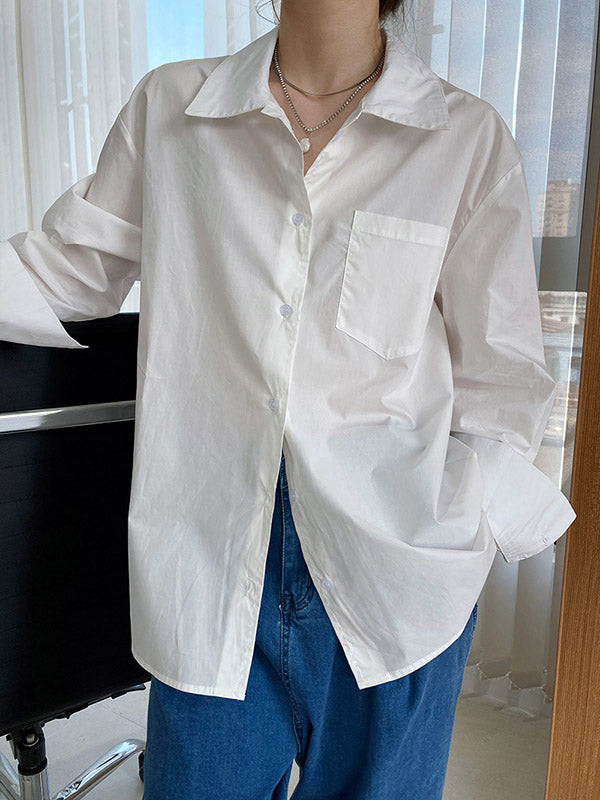 Simple Solid Color Split-Joint With Pocket Buttoned Lapel Collar Long Sleeves Blouse