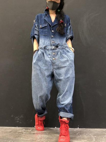 Loose Denim Gradient Lapel With-pockets Jumpsuits