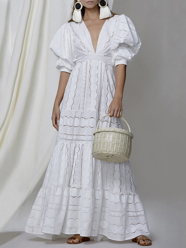 Bohemia Hollow Split-Joint V-Neck Puff Sleeves Maxi Dress