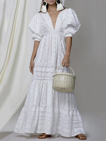 Bohemia Hollow Split-Joint V-Neck Puff Sleeves Maxi Dress