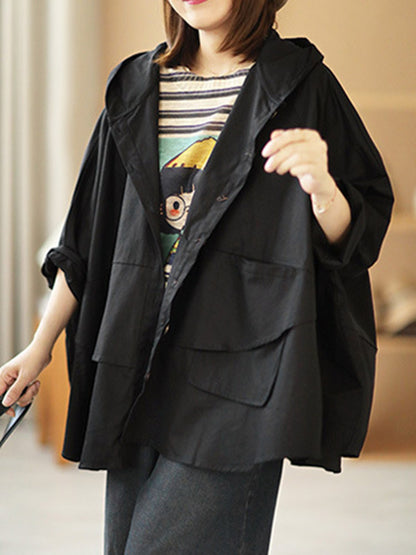 Urban Buttoned Solid Color Hooded Batwing Sleeve Loose Outerwear